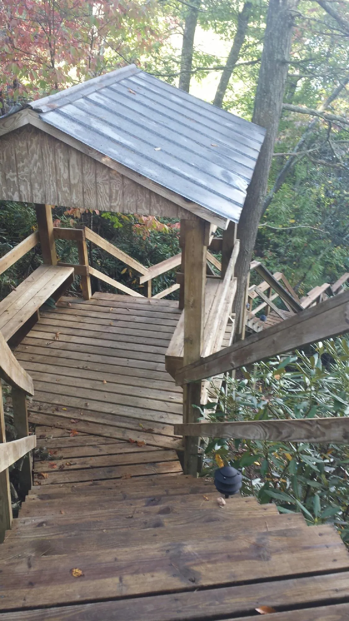 Metal roofed shelter over wooden steps on a wooded walkway — Skylight Repair & Installation work by our crew in Argyle